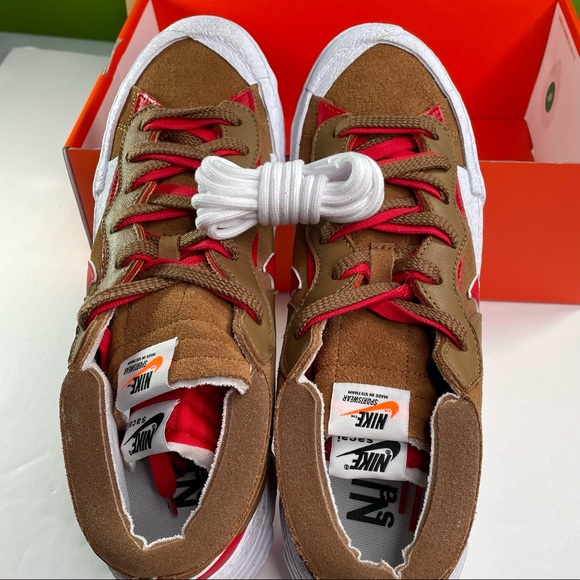 Nike Blazer Low Sacai Mens Size 11.5 British Tan & University Red Sneakers - Picture 7 of 9